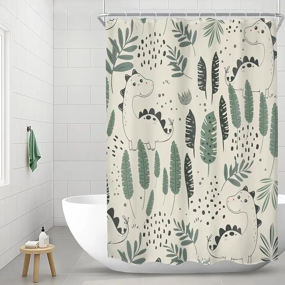 Riyidecor Kids Funny Dinosaur Shower Curtain 48Wx72H Inch Stall Small Cute Green Cartoon Dino Animals Tropical Leaves Plant Beige Lovely Bathroom Decor Fabric Polyester Waterproof 8 Pack Hooks