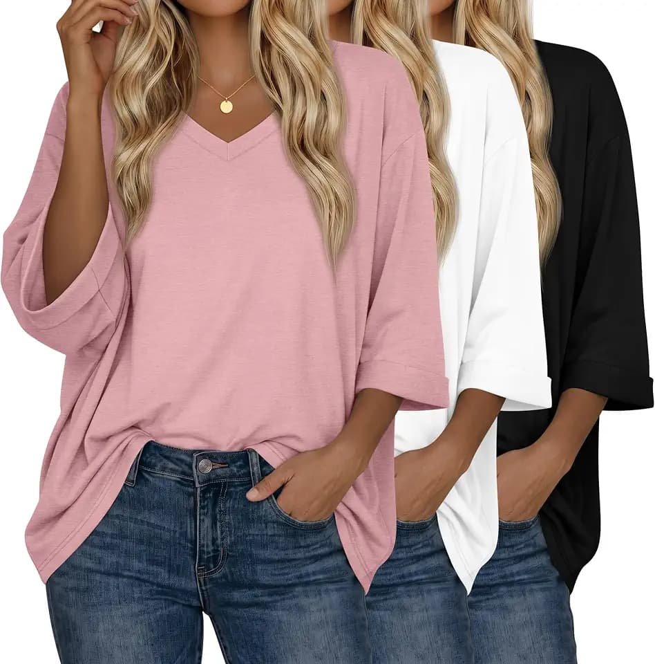 Huukeay 3 Pack Women's 3/4 Sleeve V Neck Oversized Tops