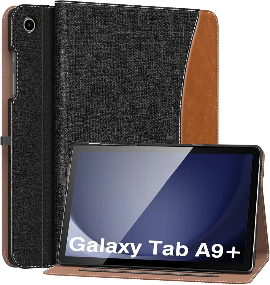 MoKo Hülle für Samsung Galaxy Tab A9 Plus 11 Zoll 2023 (SM-X210/SM-X216/SM-X218), PU Leder Mehrere Winkel Hülle mit Handschlaufe, Fronttasche Auto Schlaf/Aufwach Funktion, Denim Schwarz/Braun