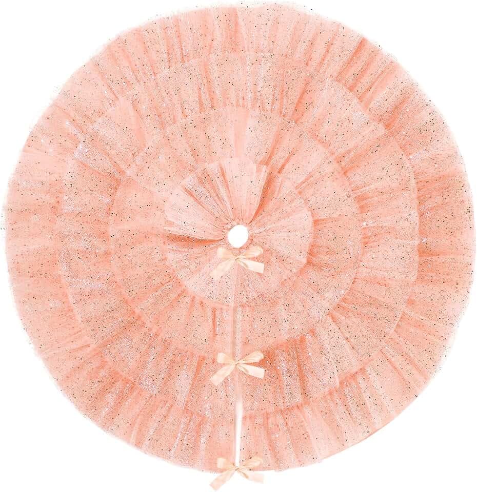 Tatuo Christmas Tree Skirt 4 Layer Tulle 31.5 Inch Rose Gold Ruffle Sparkly