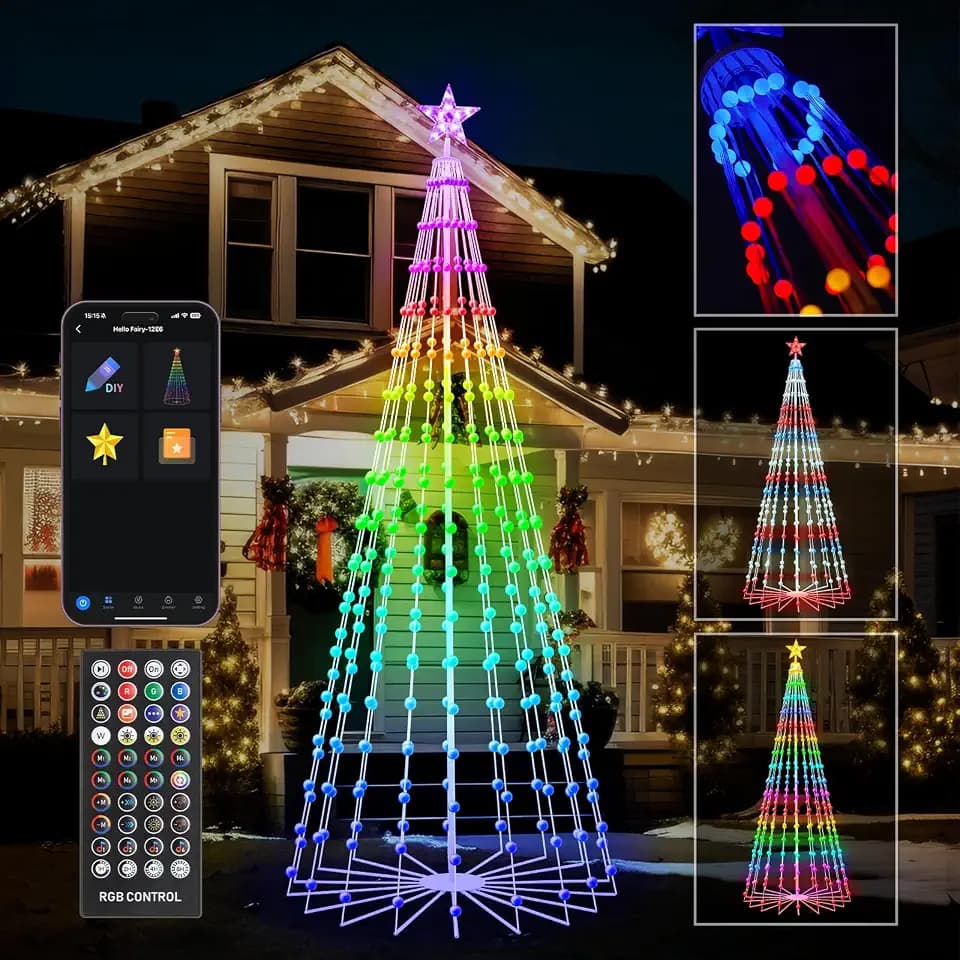 9FT RGB Color Changing Smart Christmas Cone Tree Lights with Ball Ornaments