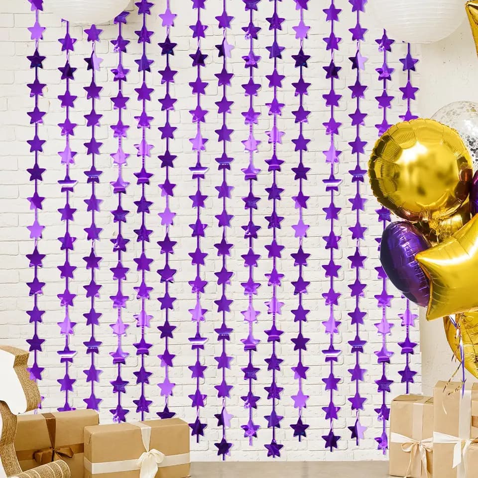 LOLStar Purple Stars Foil Fringe Curtains, Star Backdrop Streamers, 2 Pack