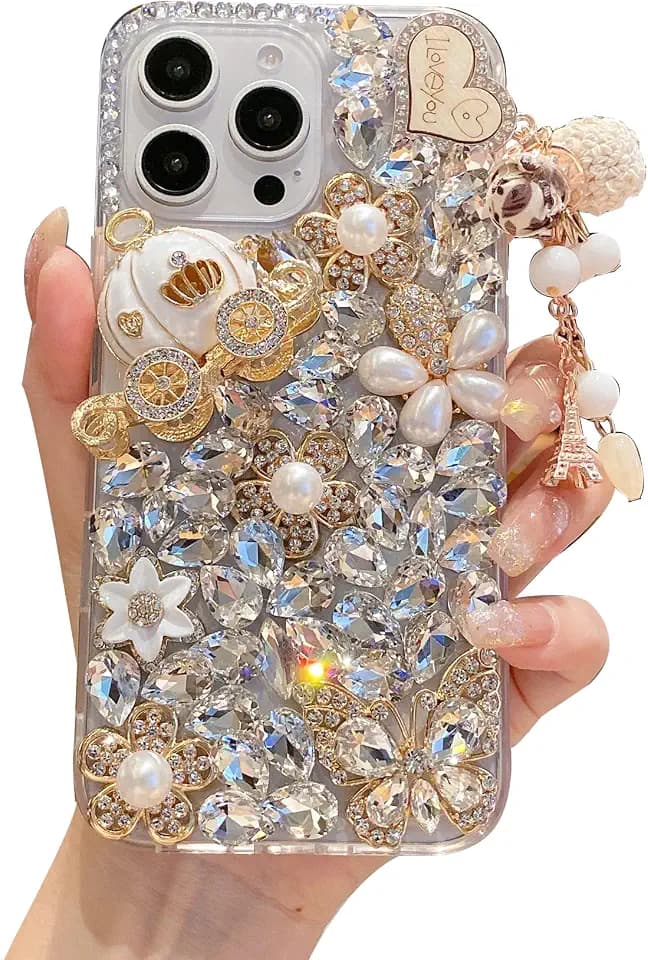 iFiLOVE for iPhone 13/14 Bling Diamond Butterfly Flower Case (Clear)