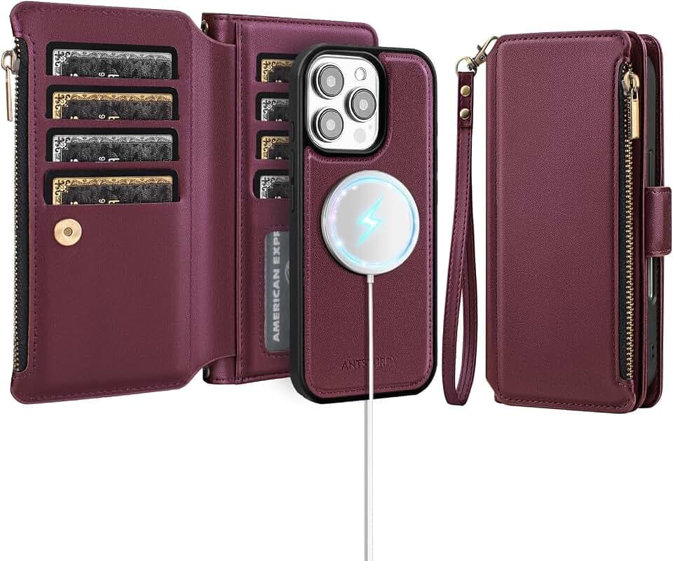Antsturdy Compatible with MagSafe iPhone 16 Pro Max Wallet Case,Wine Red