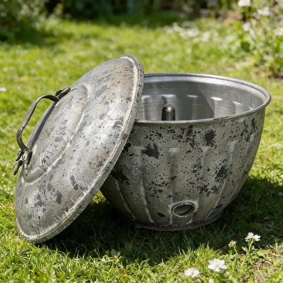 Vintage Metal Garden Hose Holder Storage Pot with Lid Handle Rustic Distressed Handmade Decorative Water Hose Container Pot with Drainage for Outside or Indoor Use Black&Grey