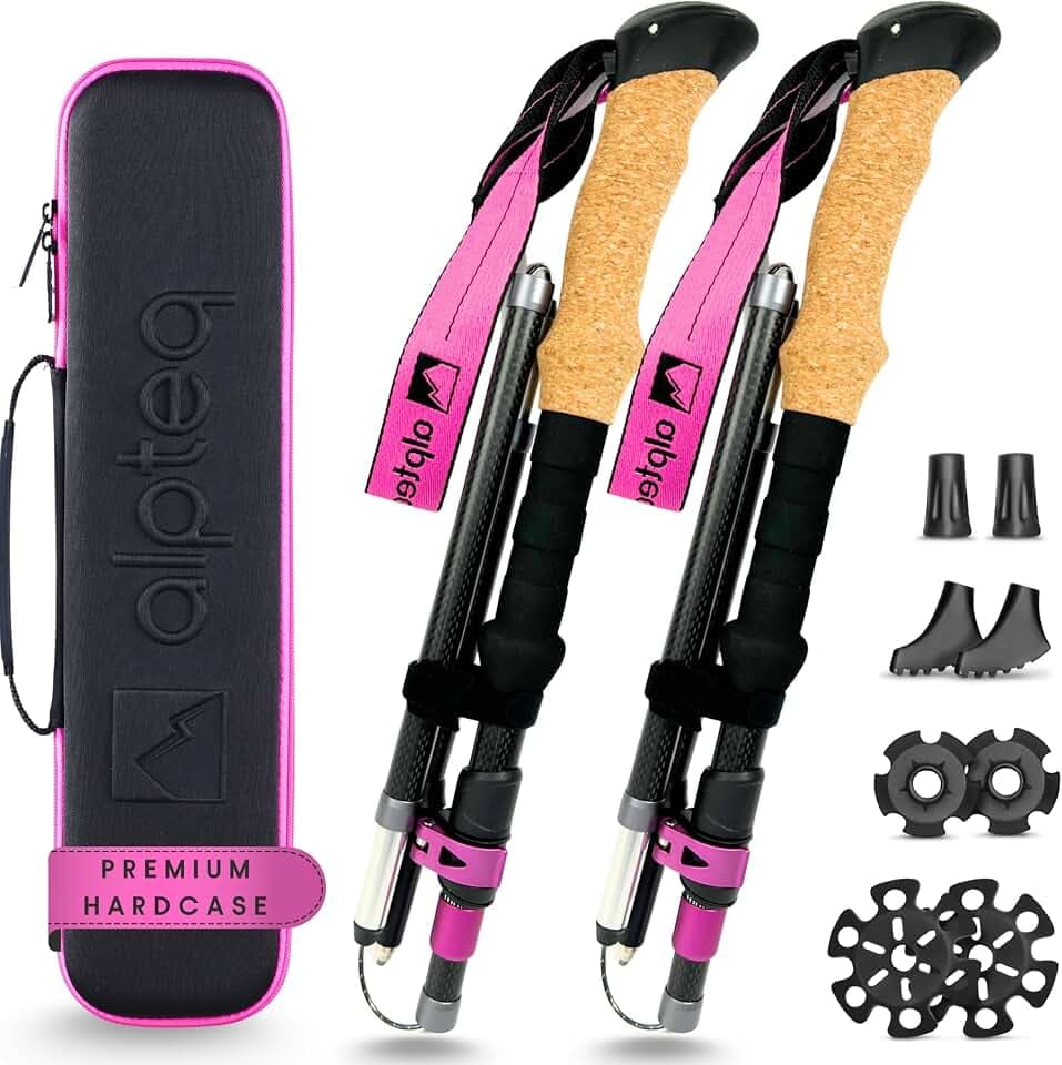 Wanderstöcke faltbar Carbon oder Aluminium mit Korkgriff | Bergsport Trekkingstöcke | Nordic Walking Stöcke Damen & Herren | extra leicht und Teleskop variabel