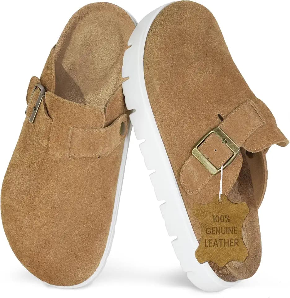 Genuine Leather Chunky Big Buckle Platform Benton Clogs for Women Memory Foam Arch Support Cork Footbed Potato Shoes Mules