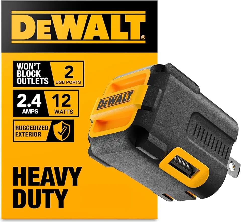 DEWALT Heavy Duty NeverBlock USB Charger, Angled Dual Port 12W Wall Charger