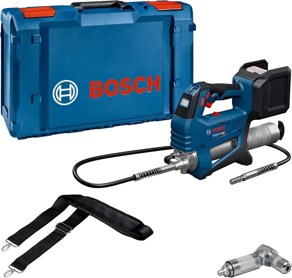 Bosch PRO 18V System Akku-Fettpresse GFP 18V-10 (max. Betriebsdruck 10.000 psi, max. Durchflussmenge 320 g/min, inkl. 90°-Kupplung, Schultergurt)
