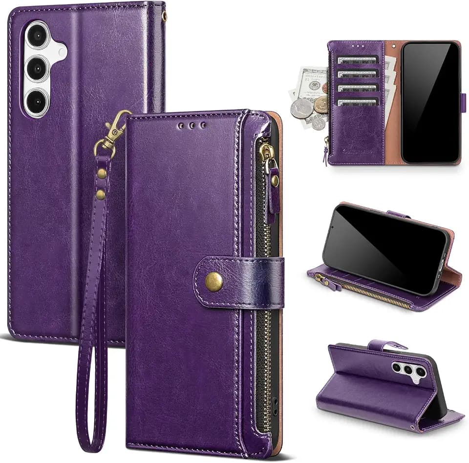 Compatible with Samsung Galaxy S25+ Plus 5G Wallet Case with Card Holder RFID Blocking Zipper PU Leather Phone Case Flip Protective Cover Wrist Strap Credit Card Slots Men Women,Dark Purple