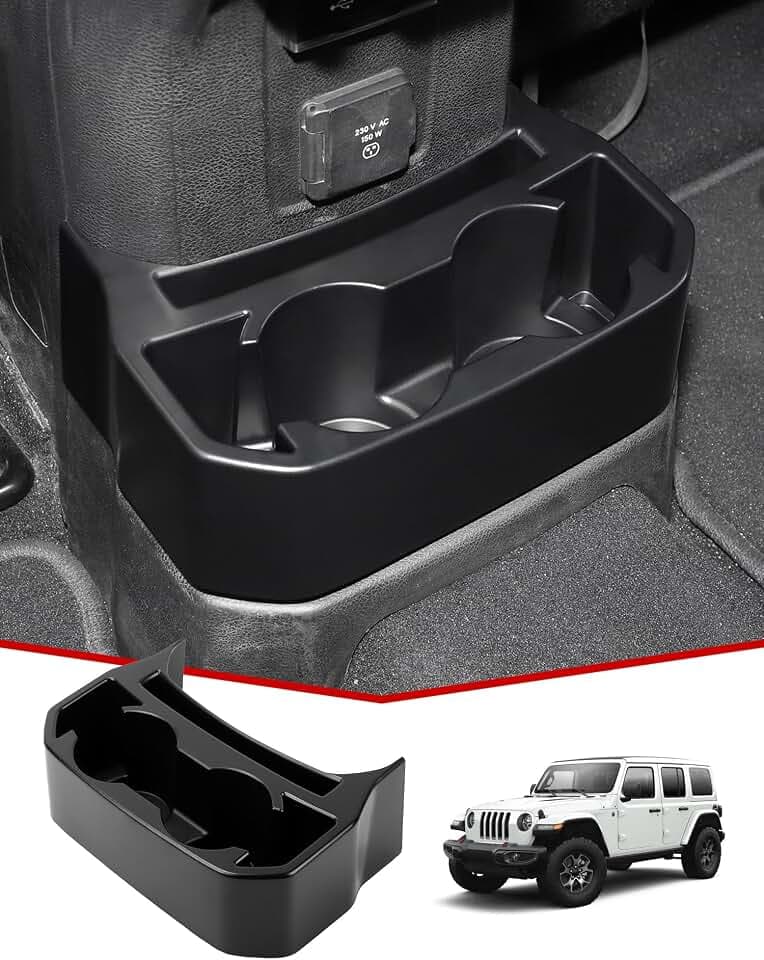 JeCar Backseat Cup Holder Floor Console Mounted Drink Holder Rear Storage Organizer Interior Accessories Compatible with Jeep Wrangler 2018-2025 JL JLU & JT Truck