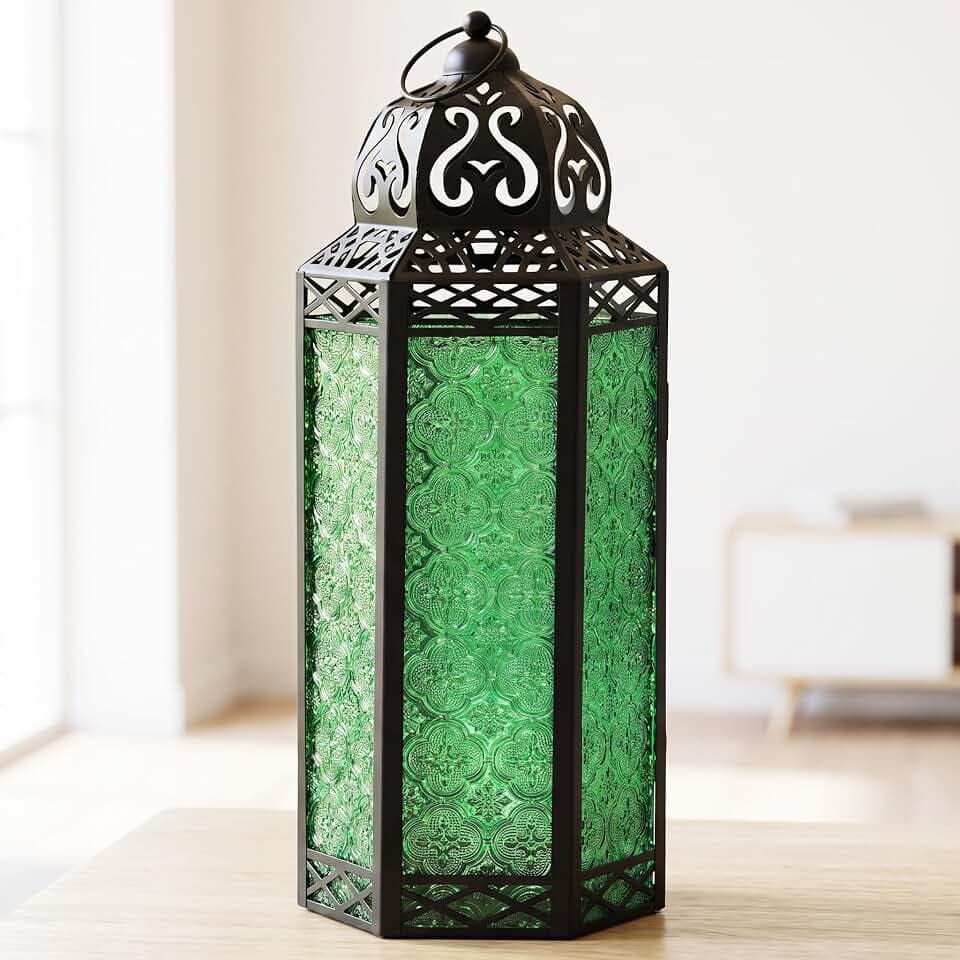 Vela Lanterns Decorative Indoor Candle Holder Table Centerpieces - Moroccan Hanging Outdoor Patio & Porch Home Decor, Turkish Floor Lamp for Wedding, Ramadan (Extra Large 16", Green Glass)