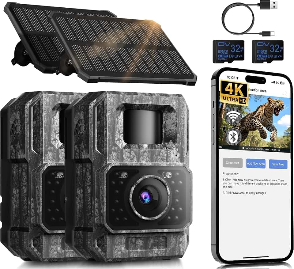 MAXDONE Solar Trail Camera 2 Pack, 4K 64MP WiFi Bluetooth Game Camera