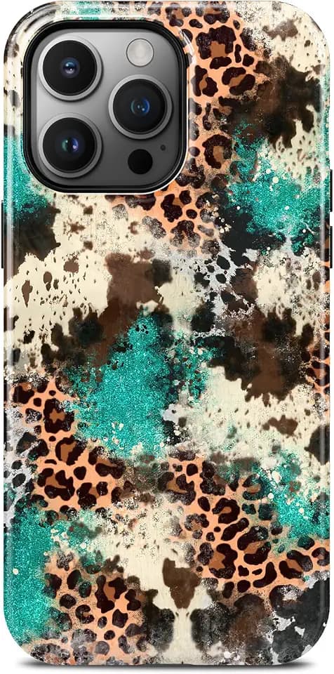 for iPhone 15 Pro Case, Collage Leopard Cheetah Print Phone Case, Compatible with Magsafe, Trendy Cool Aesthetic Turquoise Cow Magnetic Slim Silicone Shockproof Protective Women Girl Cover