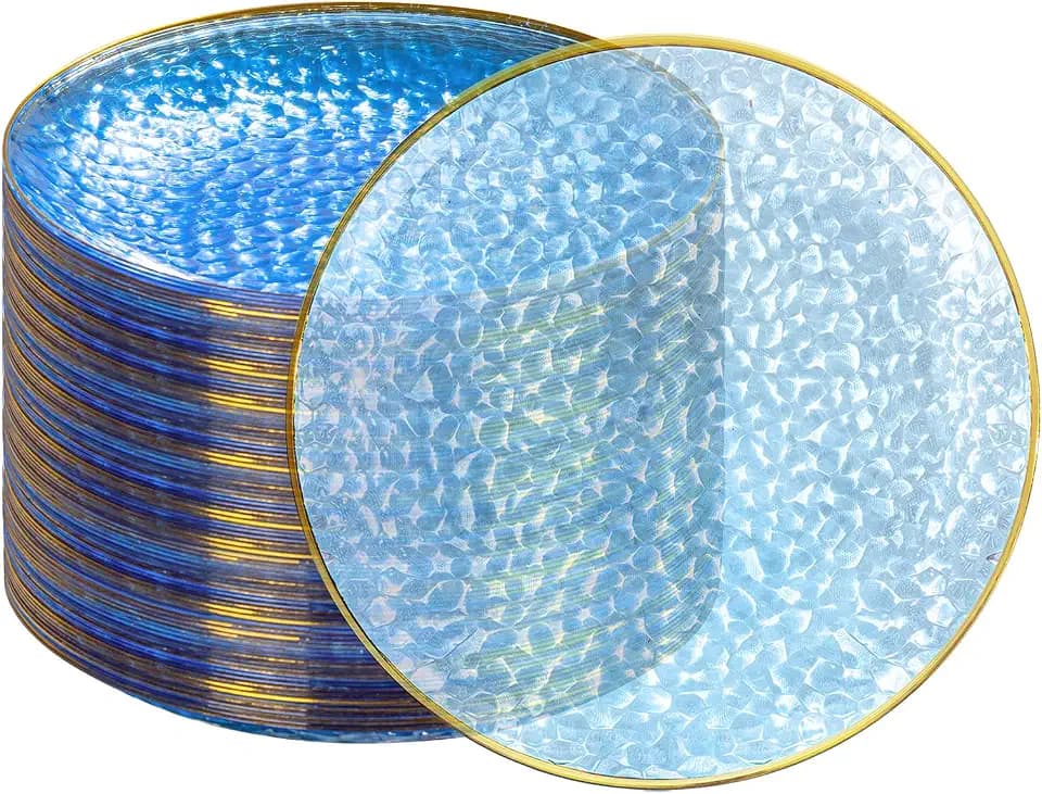 DaYammi 100PCS Clear Blue Plastic Plates, 7 inch Hammered Dessert Plates
