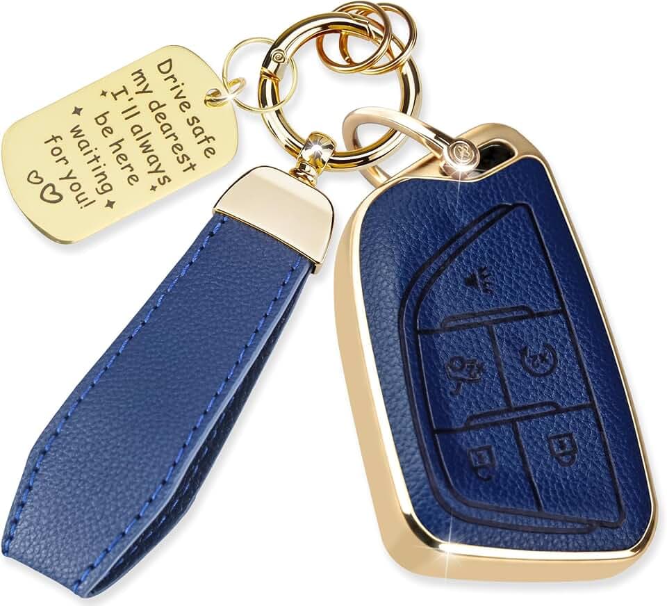 Soft TPU & Leather Key Fob Cover Compatible with Cadillac Escalade Lyriq Optiq CT4 CT5 CT6 XT4 XT5 XT6 XTS ATS, with Keychain & Metal Blessing Tag (5 Button Blue)