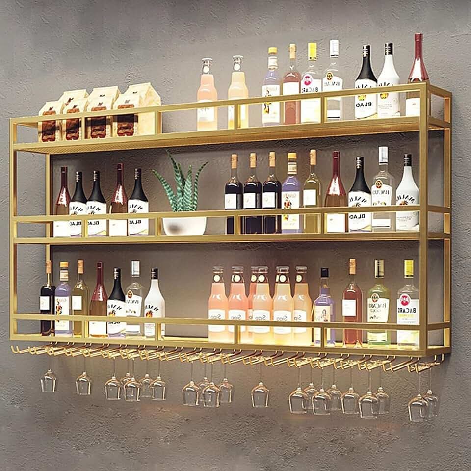 Large 47in Wine Rack with LED Lights Wall Mounted Bottle Glass Holder, 3-Tiers Liquor Floating Shelves Display Storage Organizer Hanging Long Stemware Goblet Metal for Home Bar Golden