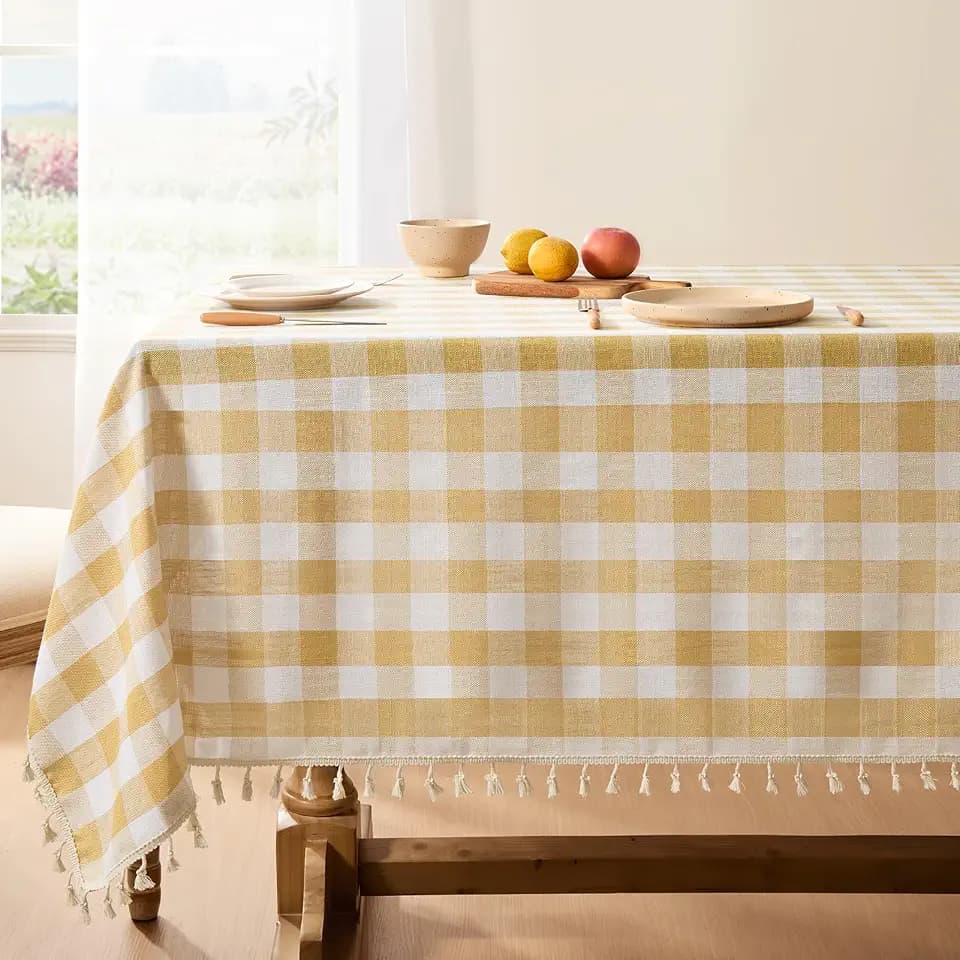 Softalker Gingham Square Tablecloth with Tassel, Yellow, 55" x 55"