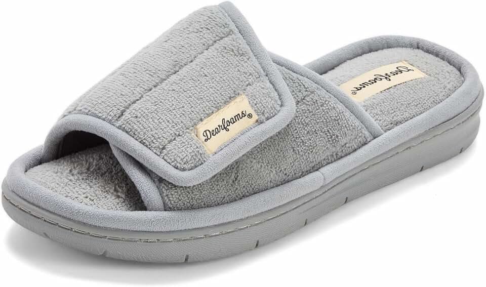 Dearfoams Mickey Adjustable Terry Slide, Memory Foam Washable Open Toe Indoor Summer House Slippers