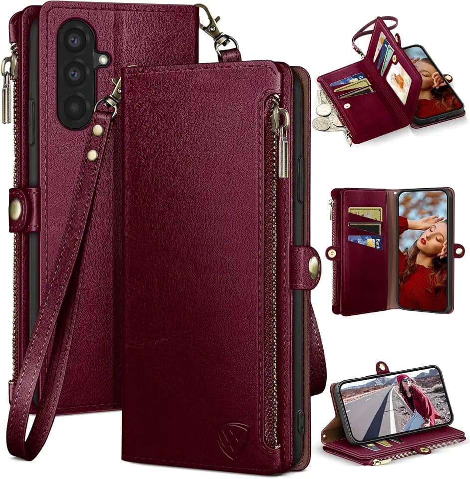 XcaseBar Compatible with ‌Samsung Galaxy A57 Wallet case with Zipper Credit Card Holder【RFID Blocking】,Flip Folio Book PU Leather Phone case Shockproof Cover Women Men for Samsung A57 case Wine Red