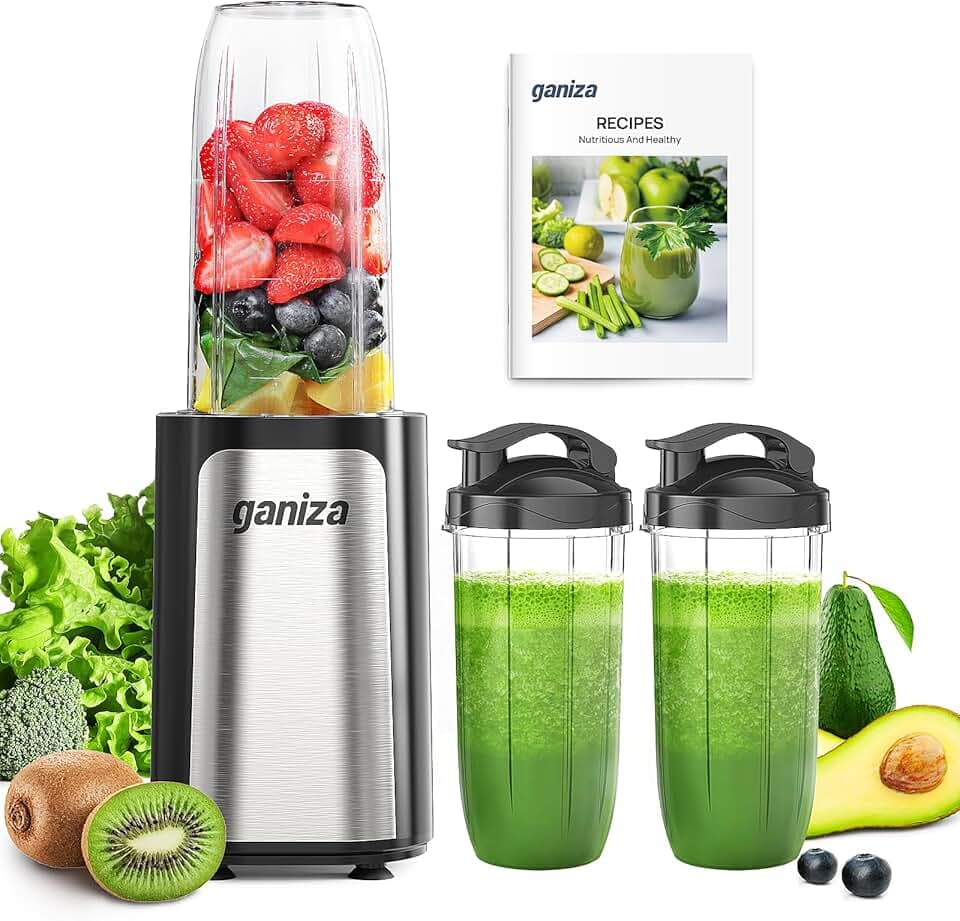Ganiza Mixer, 900W Mini Smoothie Maker, Standmixer mit 3 Tragbare Mixbechern(2×500ml & 1×700ml), Vierklingenklinge aus Edelstahl, BPA-Frei, Leicht zu Reinigen, Blender elektrisch für Shake, Smoothie