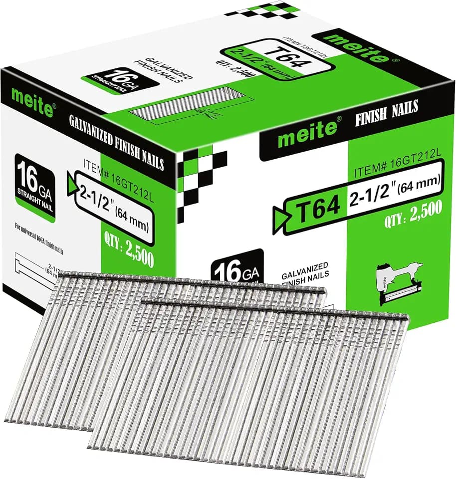 meite Stauchkopfnägel 16GA / 64mm Verzinkte Nagelpistole Nägel, Drahtdurchmesser 1,6 mm, mit einer Kopfgröße von 2,8 × 1,6 mm, gerade Nägel 16GA für Holzbearbeitung und Polsterung (2.500 Stück)