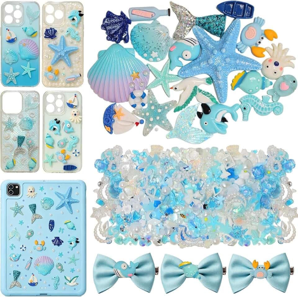 Ocean Junk Case Charms Kit, Blue 3D Starfish Whale Shell Charms for Crafts