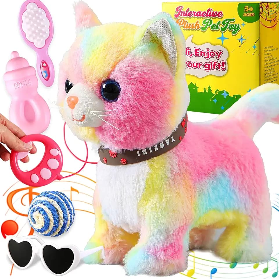 Colorful Walking Cat for Kids Kitten Toys Girls That Purrs and Meows Animated Plush Robot Kitty with Leash Moving Plush Stuffed Animal Remote Control Singing Robotic Kitty Electronic Pet for Baby
