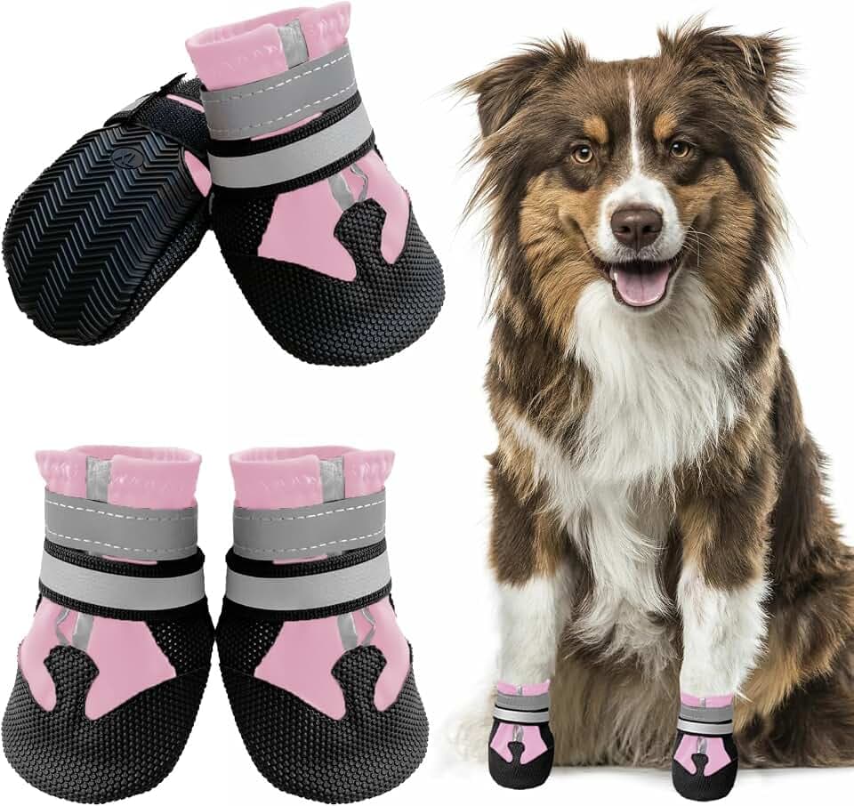 Hundeschuhe Pfotenschutz, 4 Stück Wasserdicht Anti-Rutsch Hundestiefel mit Rutschfester Sohle und reflektierendem Klettverschluss, Hunde Schuhe für kleine, Mittlere und Große Hunde (Rosa, L)