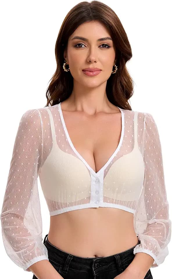 Dirndl Bluse Damen Langarm Trachtenbluse Oktoberfest Transparent mit V Ausschnitt Knöpfen Punkte Gr. 34-44