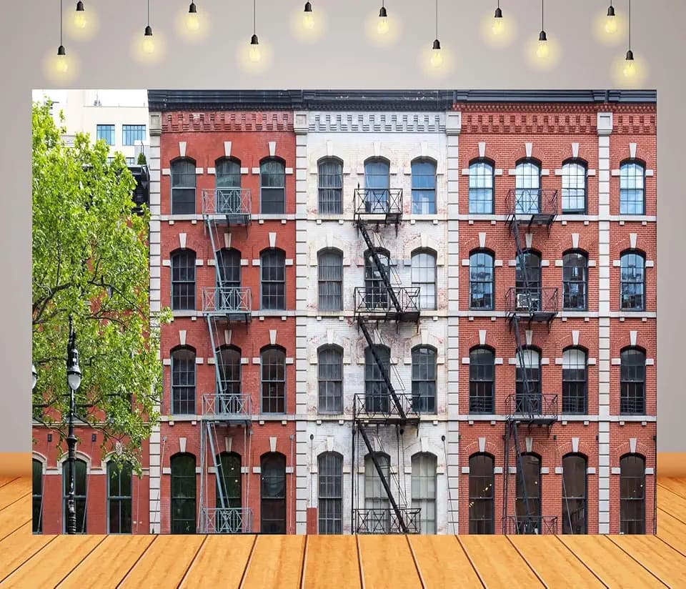 BELECO 7x5ft Fabric New York City Old Buildings Backdrop Block of Historic Apartment Buildings with Windows and Fire Escapes, Tribeca Neighborhood of Manhattan Background NYC Party Decor Photo Prop
