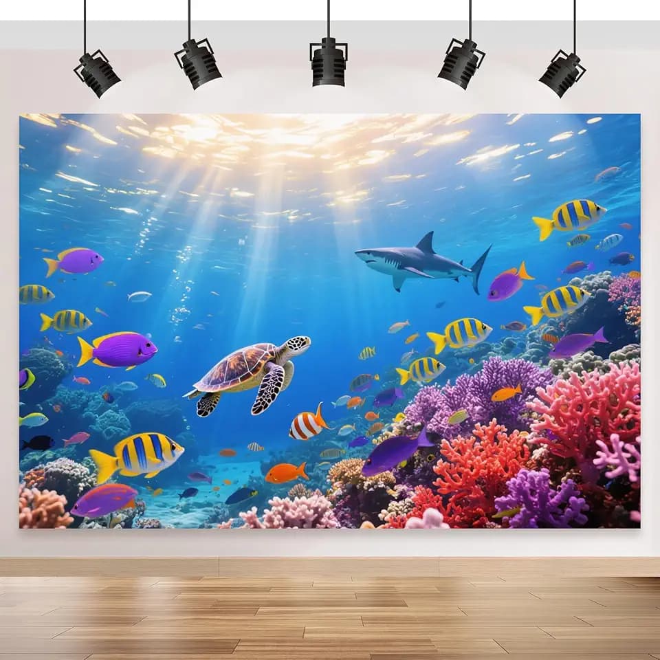 Under The Sea Backdrop 7x5FT, Ocean Backdrop,Ocean Underwater World Colorful Fish Coral Photography Background for Under The Sea Birthday Party Decorations