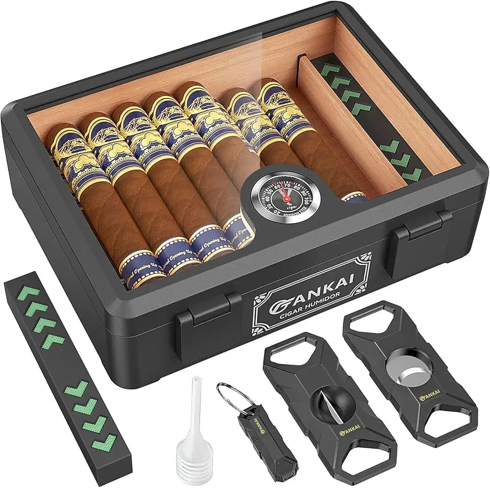 Zigarren-Humidor, Zigarrenbox mit Vollglas-Deckel mit Luftbefeuchter und Hygrometer, sturzsicheres, bruchsicheres Zigarrenetui, Aufbewahrungsbox mit Zedernholzauskleidung und Trennwand für 20