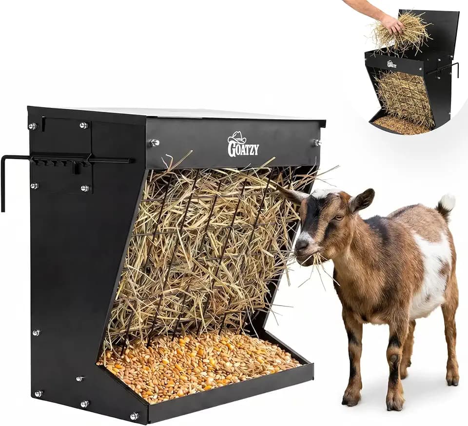 Wall Mount Hay Rack And Hay Feeder For Goats Sheep And Horses, Covered Galvanized Steel Goat Hay Feeder With Hinged Roof, 25 Gallon 2-In-1 No Waste Hanging Holder Grain Bin with hook For Cattle