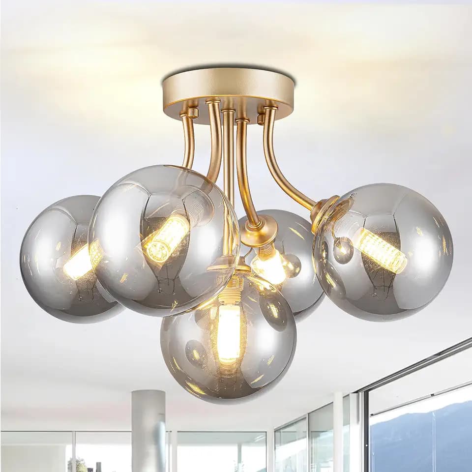 Sputnik Ceiling Light Fixture 5-Light Smoky Flush Mount Globe Chandelier