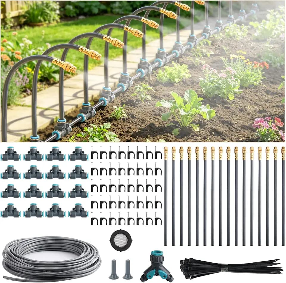 100FT 1/4" Quick-Connect Drip Irrigation System Kit, Automatic Garden Watering System with 16 Pcs Adjustable Spray Nozzles for Garden, Greenhouse, Yard, Lawn