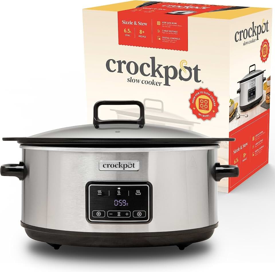 Crockpot Sizzle & Stew Digital Slow Cooker | 6,5 L (8+ Personen) | Abnehmbare induktionsgeeignete Schüssel für Fleisch und Gemüse | EU 2 Pin Stecker | Edelstahl [CSC112X]