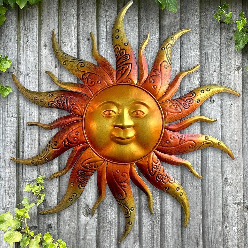 Metal Sun Wall Art Decor-17.3 inches Rustic Retro Metal Sun Ornaments, Hanging Decoration for Garden Patio Yard Fence Living Room(Gold)