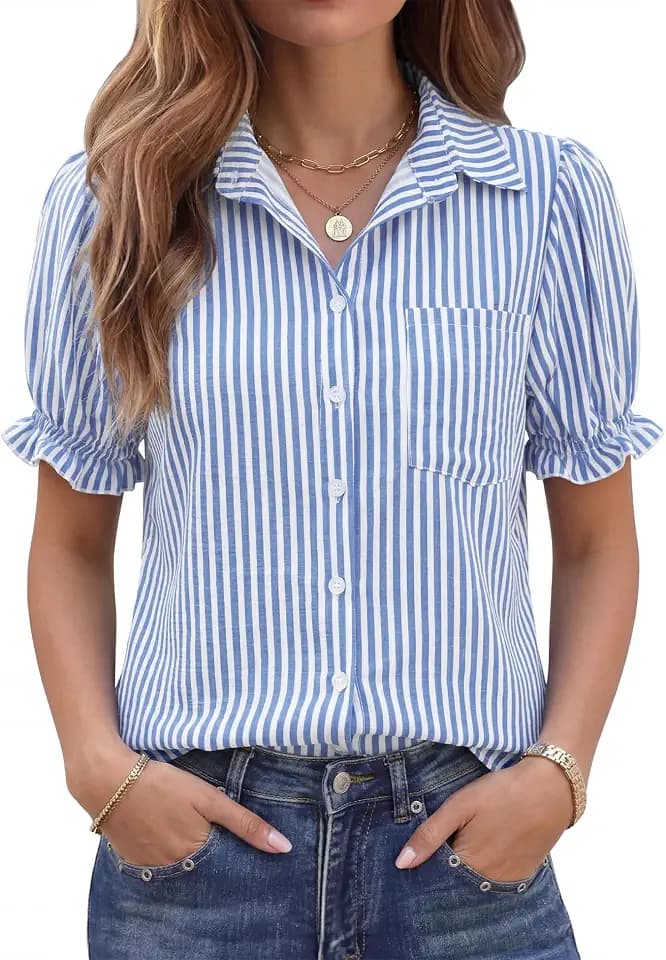 LOMON Linen Shirts for Women Puff Sleeve Button Down Blouse