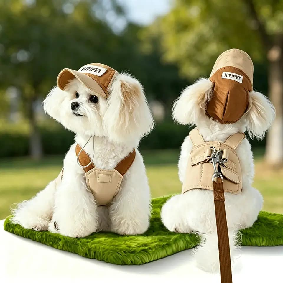 Cat Puppy Costume Summer Leash Harness Baseball Cap 3PCs Set Dual Secure Breathable Washable Cute Pet Outfits Party Wear Photoshoots for Cat Small Dog (brownLeash+Harness+Cap 3p,Medium)