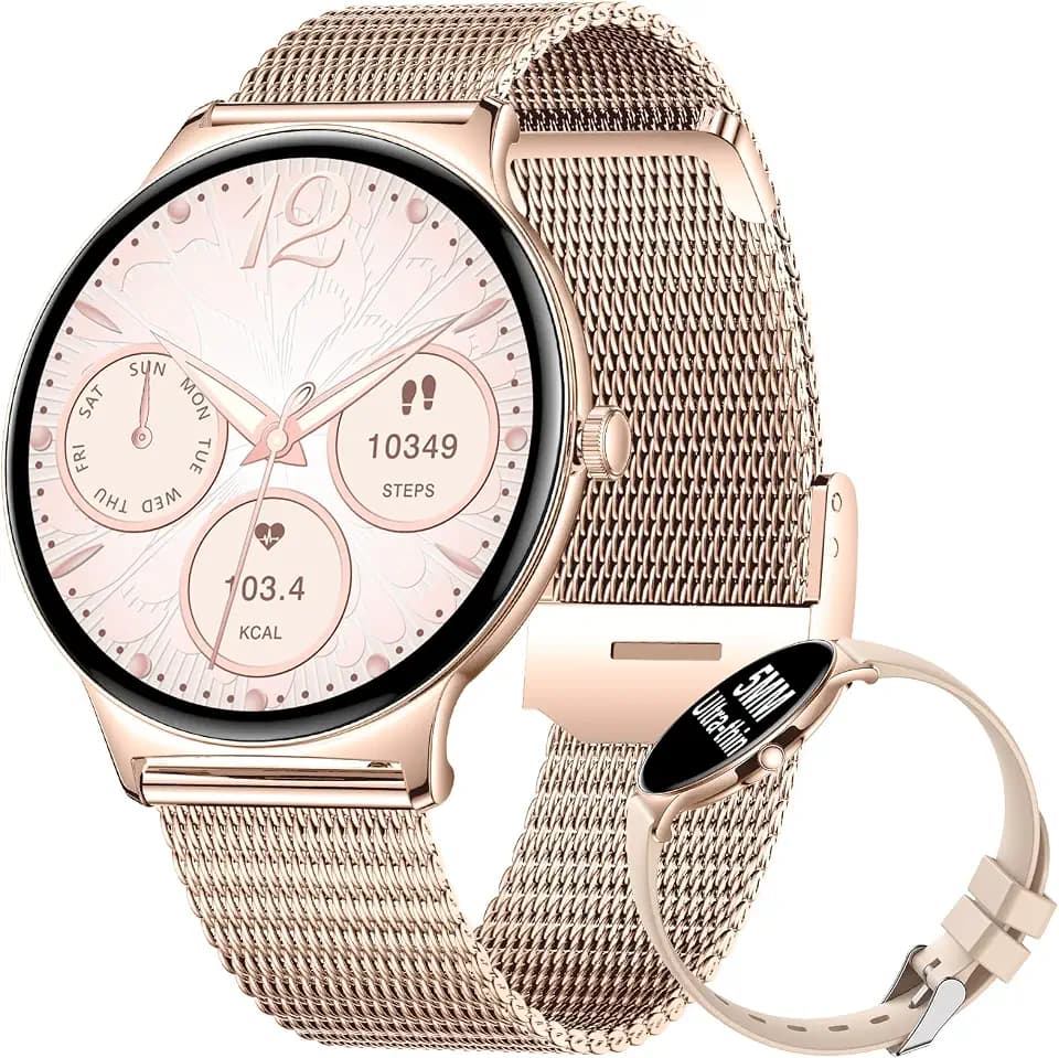 BENYAR SMART 2025 Smartwatch Damen mit Telefonfunktion, 1,43" AMOLED Display Smart Watch, IP68 Wasserdicht 120+ Sportmodi Fitnessuhr, SpO2/Herzfrequenz/Schlafmonitor für Andriod iOS Gold