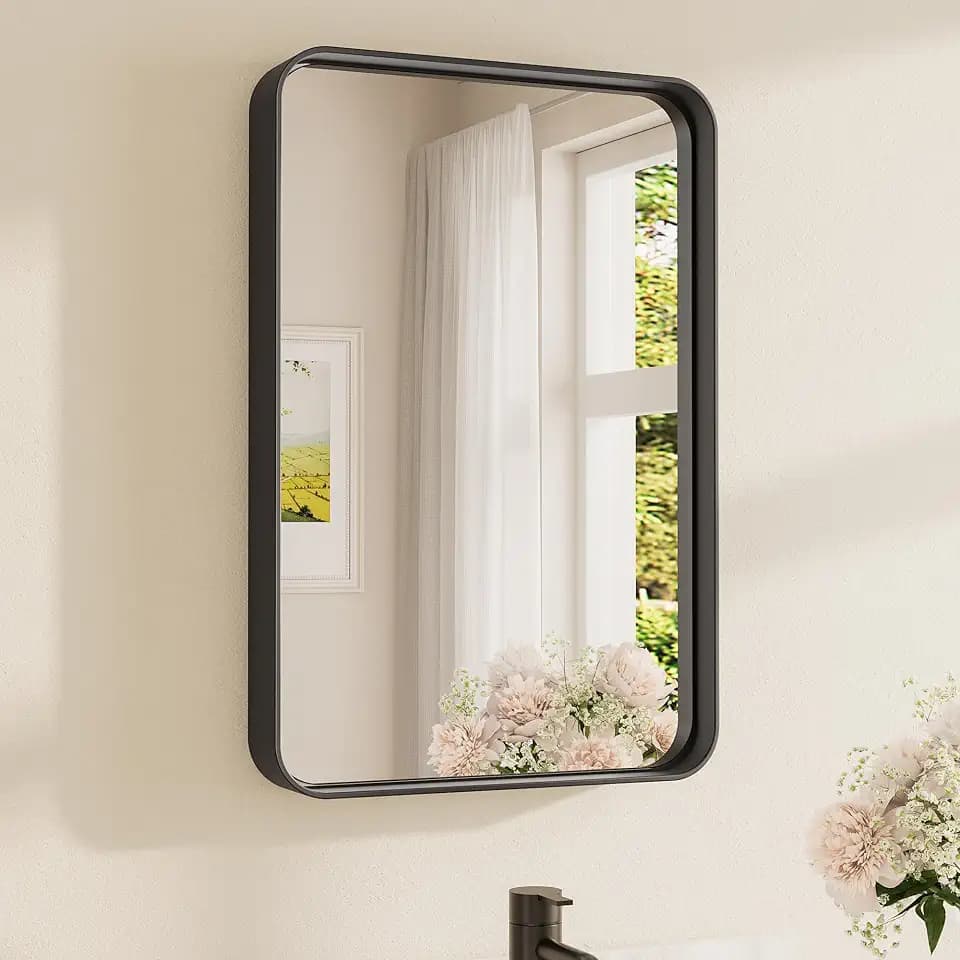 TETOTE 16 x 24 Inch Black Frame Mirror, Bathroom Vanity Mirror for Wall, Modern Round Corner Rectangle Matte Framed Mirror 2 Inch Thick(Horizontal/Vertical)