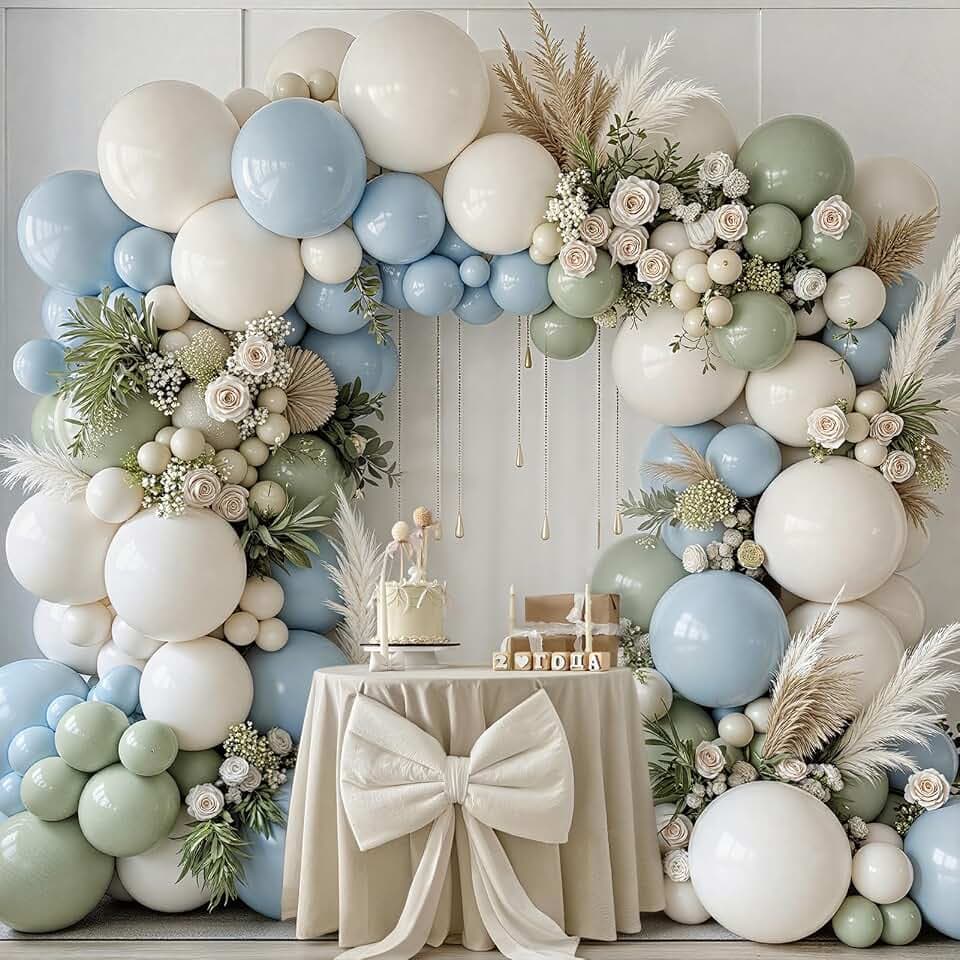 Winrayk 155Pcs Dusty Blue Sage Green Balloon Garland Arch Kit, Macaron Blue Moonlight Green Twilight White Balloons, Baby Shower Bridal Shower Wedding Anniversary Valentines Birthday Party Decorations