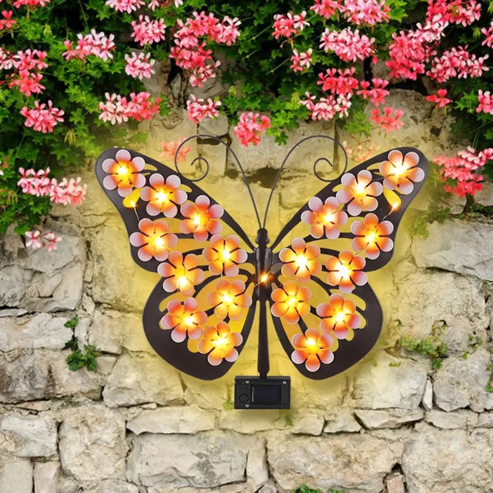 Solar Butterfly Lights Outdoor Metal Wall Decor with 30 Led Decorative