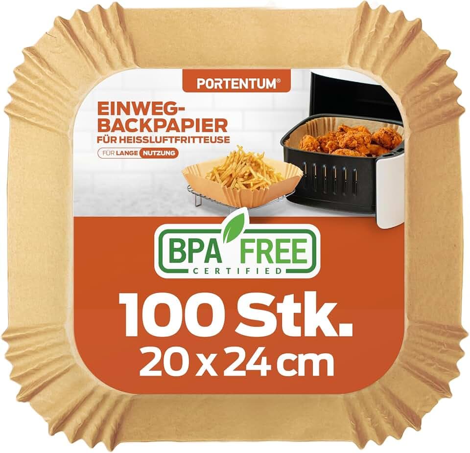 PORTENTUM Backpapier für Heißluftfritteuse 100 Stück BPA-frei, 20-20 cm, Airfryer Backpapier Antihaft Wasserdicht Ölfest Einwegschalen Luftfritteuse Pergamentpapier Liner für 4.7L - 7.3L