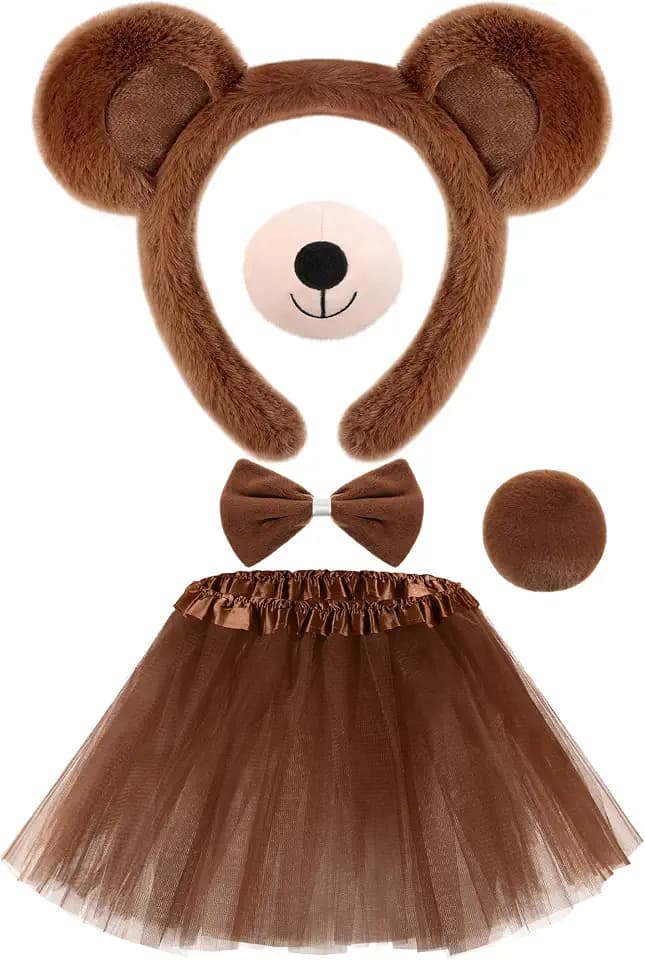Zhanmai 5 Pcs Carnival Animal Costume Kid Bear Puppy Dog Pup Kangaroo with Tutu Ear Headband Bowtie Tail Paws for Boys Girls