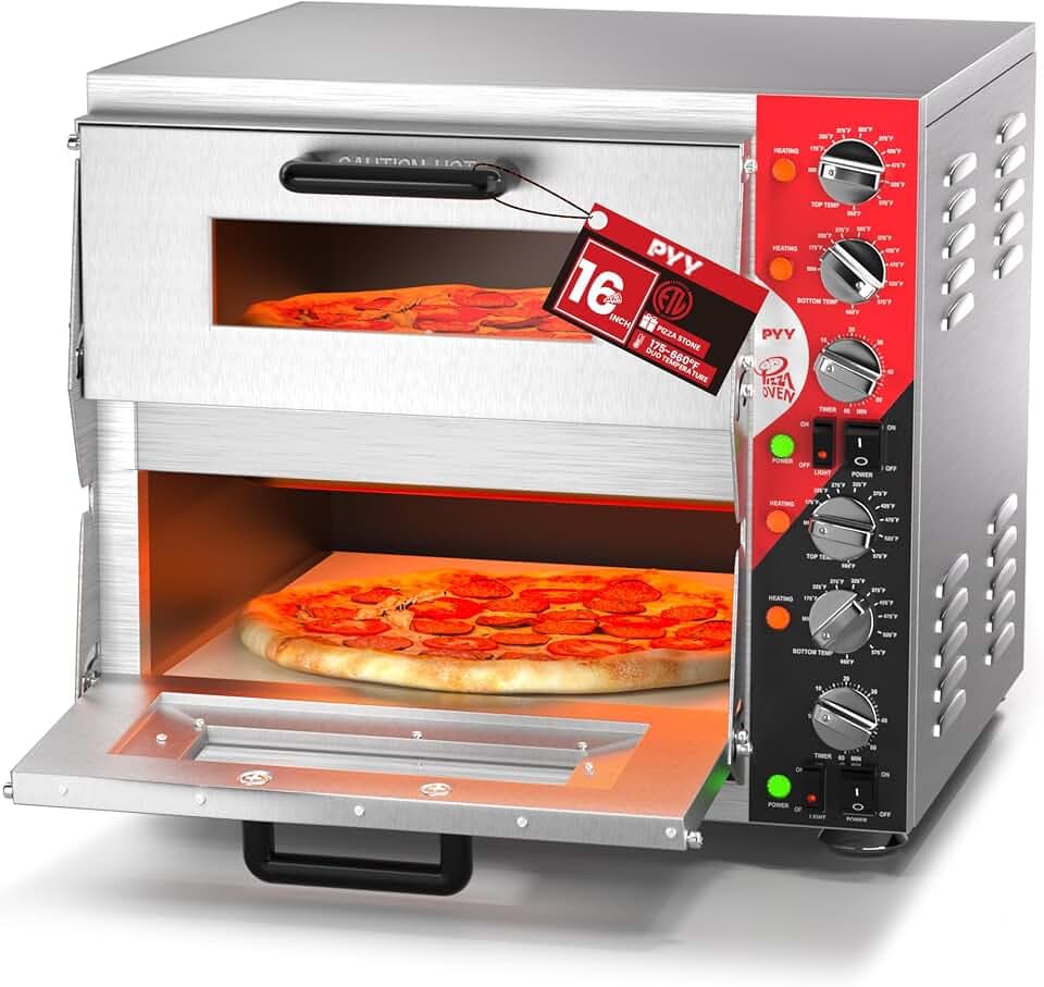 PYY 16" Indoor Electric Double Decker Pizza Oven w/Pizza Stone for Restaurant Home,Countertop Pizza Oven with 60-min Ring Timer, Commercial Pizza Oven with 4 Large Heat Tube, 3200W, ETL listed,Grey