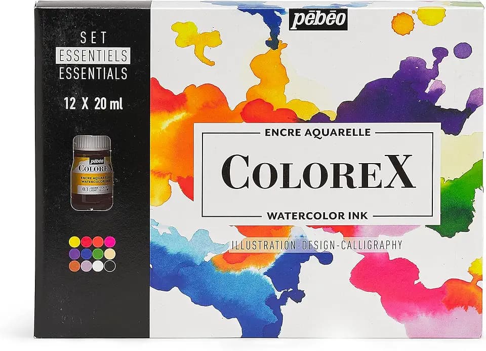 Pébéo - Colorex Box mit 12 Fläschchen 20 ml sortiert – Zeichenset Manga & Illustration Pébéo Colorex – L'Essentiel Aquarelltinte Pebéo ergänzende Farben