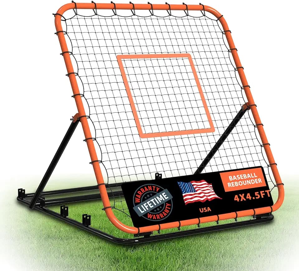 Baseball Rebounder Net, 4 x 4.5 ft Practice Tool for All Skill Levels,Portable Bounce Back Trainer for Baseball & Softball with 4 Adjustable Return Angles, Orange