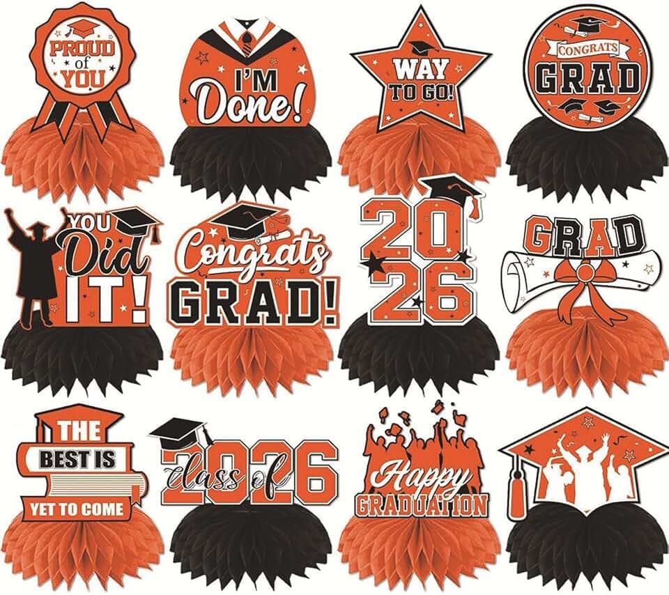 12 Pcs 2026 Graduation Honeycomb Centerpieces - Grad Party Table Toppers, Congrats Grad Decor for Class of 2026 Celebrations (Orange)